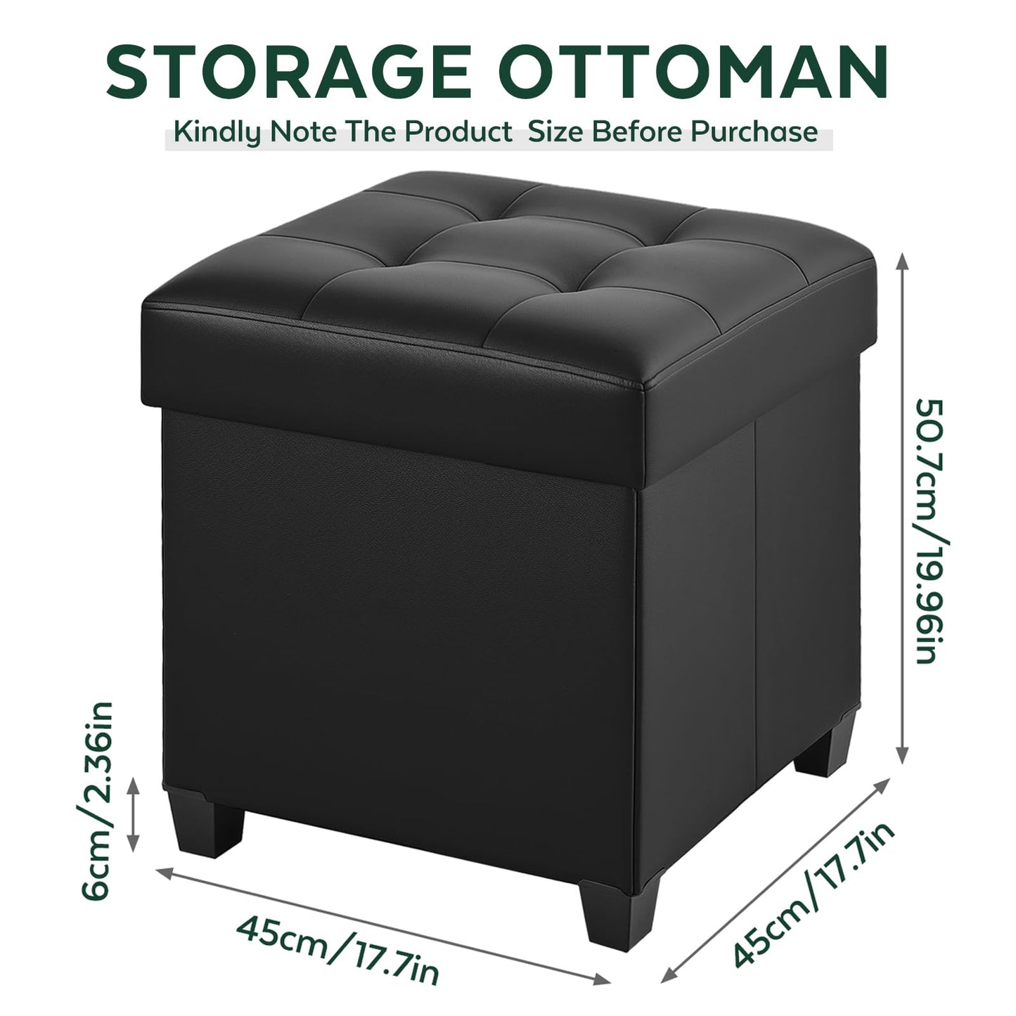 FIMIVIBI 17.7" Ottoman with Storage, Square Storage Ottoman for Dorm, Faux Leather Ottomans with Legs for Living Room, Bedroom, Black