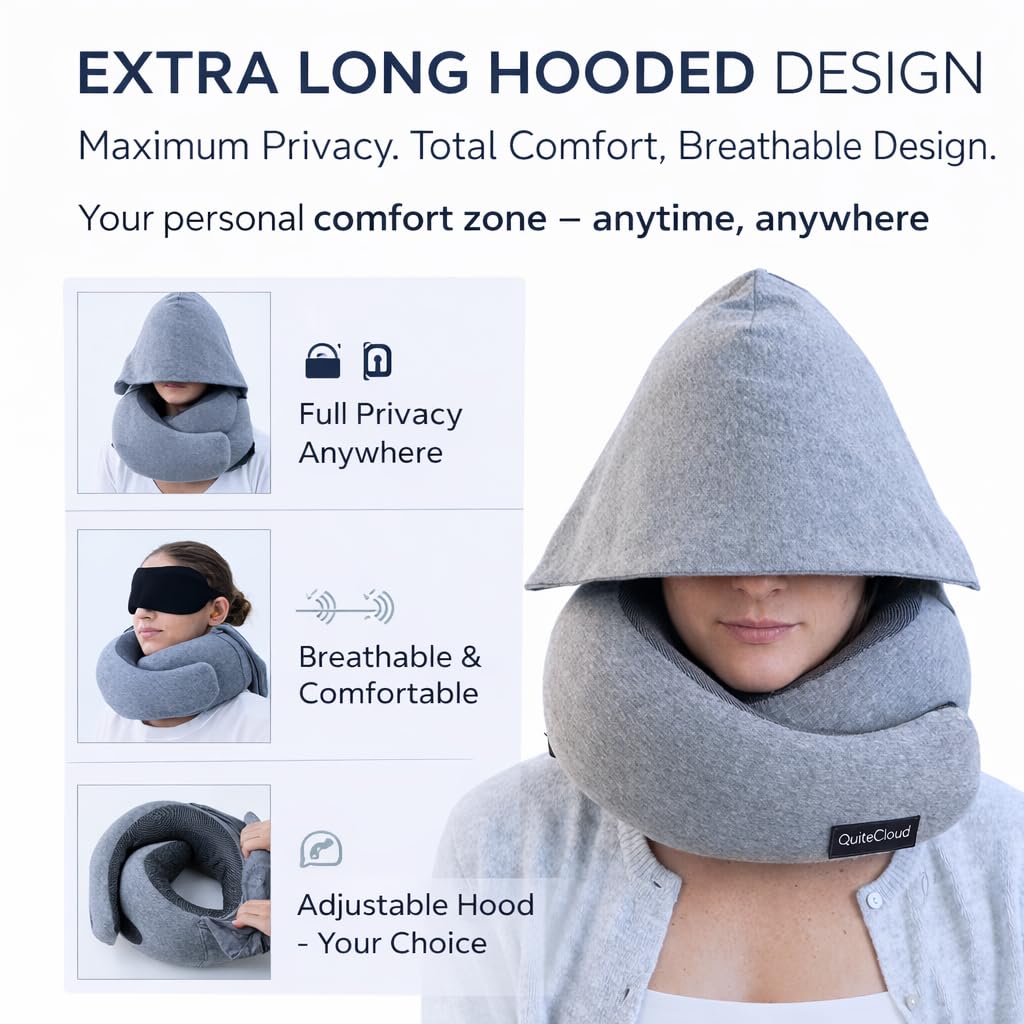 Travel Neck Pillow Hooded Memory Foam 360° Head & Chin Support, Lightweight Breathable Adjustable Fit Travel Neck Pillow with Eye Mask, Earplugs & Carry Bag for Airplanes, Car, Bus, Train & Long Trips