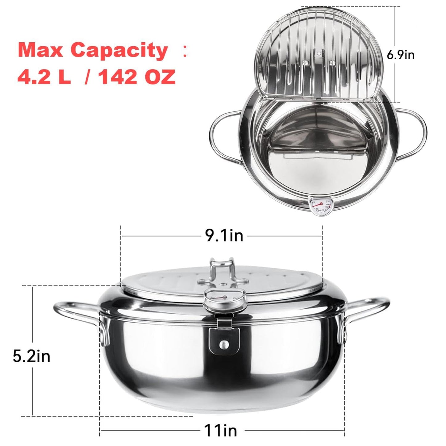 Deep Fryer Pot 11 Inch Large Stove Top with °F Temperature Control and Oil Drip Drainer Rack for French Fries Chicken Japanese Tempura