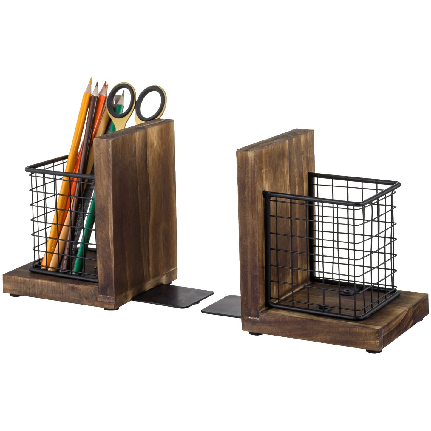 MyGift Book Ends for Desk, Decorative Farmhouse Bookends for Heavy Books with Pen Holders, Office Supplies Storage Baskets, Rustic Burnt Wood and Matte Black Metal Wire Basket, 1-Pair