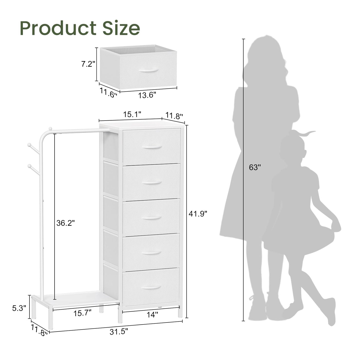 Snughome Dresser with Hanging Rack, Clothes Hanging Rack with 5 Drawers, White Dresser with Clothes Rack, Fabric Storage Chest of Drawers, Small Dresser for Bedroom, Apartments, Entryway Living Room