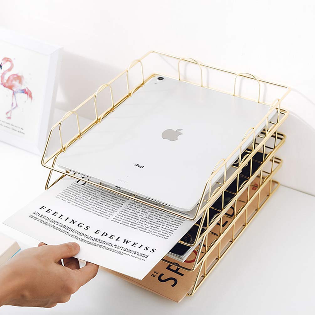 Jolitac Rose Gold 4-Tier Stackable Paper Tray Desk Organizer, Workspace Decorative Stacking Rack Supplies Holder, Metal Letter Trays for File Documents in Home & Office (Gold)