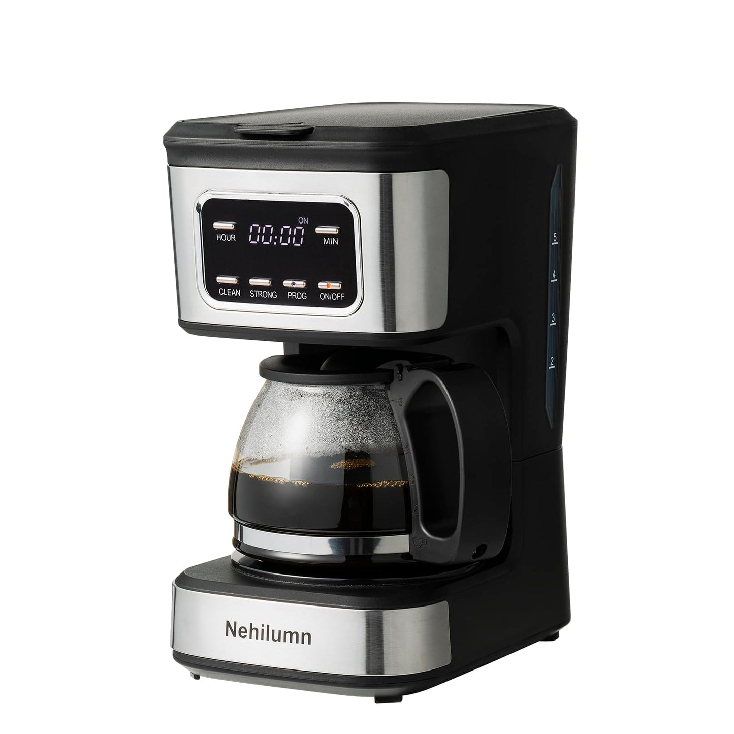 Nehilumn 5-Cup Programmable Coffee Maker - Reusable Filter, Clear Water Level Indicator, Auto Shut- Off, Black &Stainless Steel Coffee Pot