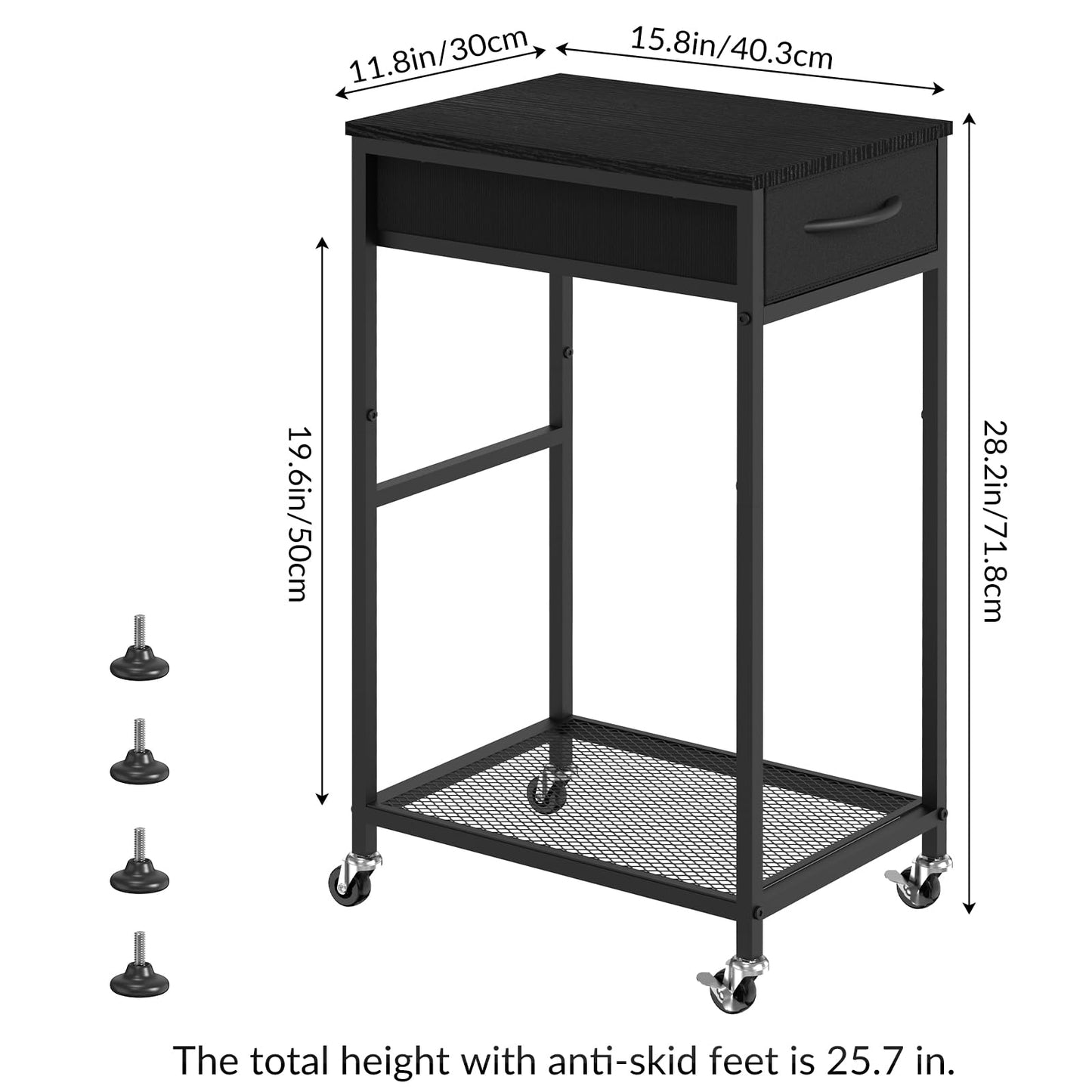 CADUKE 2 Tier PC Stand - Black Computer Tower Stand with Fabric Drawer, Modern Printer Stand with Wheels, Under Desk for Office & Study Room