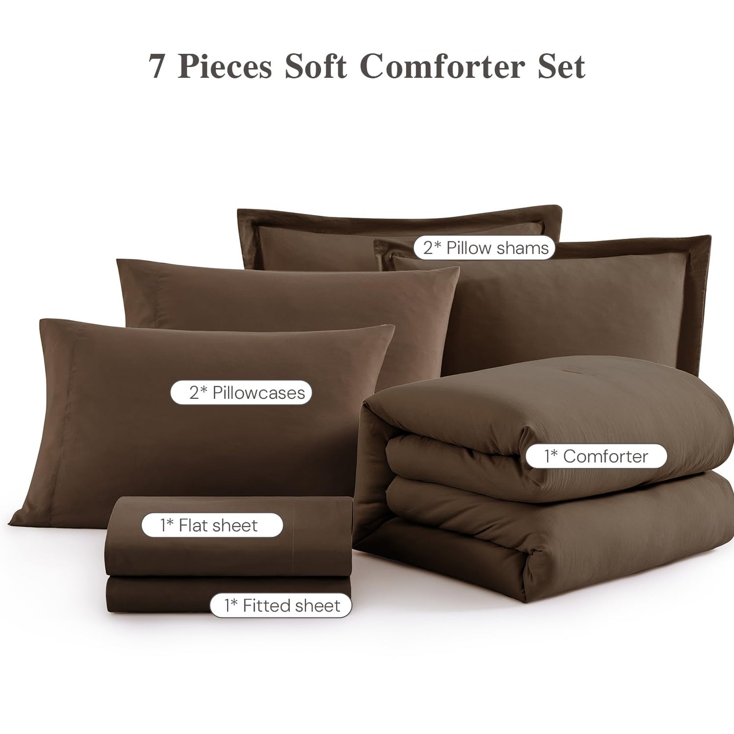 WRENSONGE Queen Comforter Set- 7 Pieces Soft Chocolate Brown Bed in a Bag with Fitted Sheet, Flat Sheet, 2 Pillow Shams, and 2 Pillowcases- Warm Bedding Sets Queen for All Season