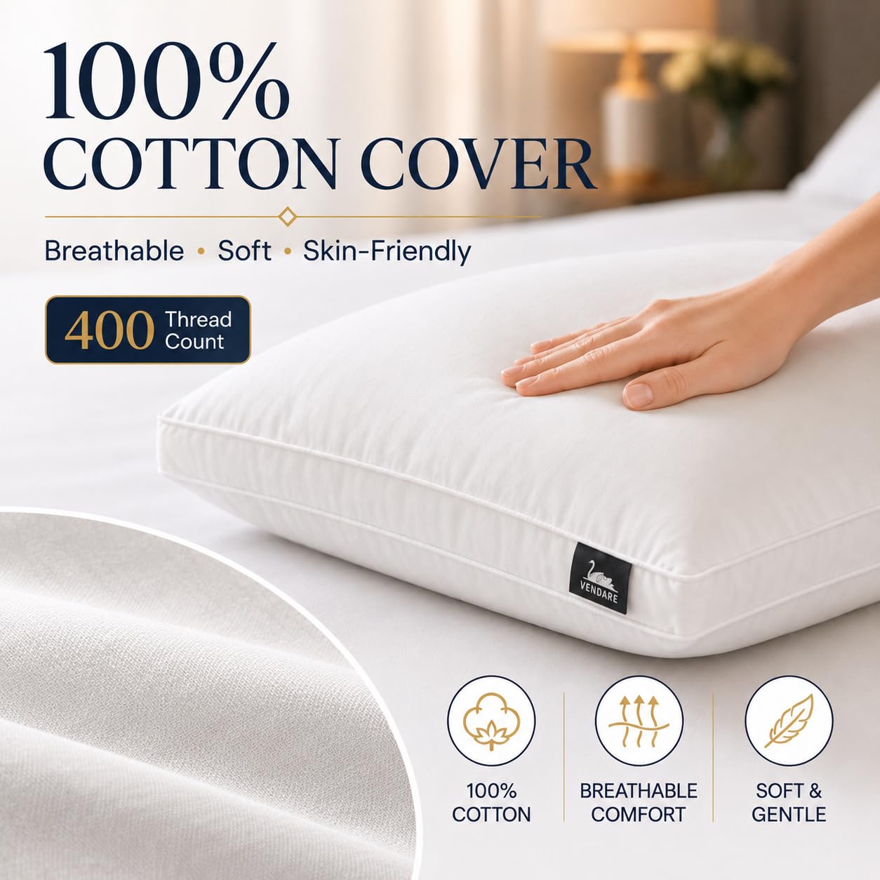 Vendare Queen Size Goose Down Pillows Set of 2 - Hypoallergenic Bed Pillows 500 Fill Power with 100% Cotton Cover, Medium Firm Support