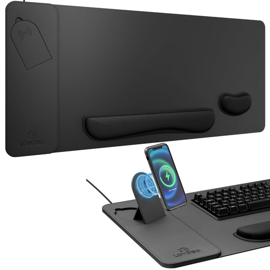 15W Magnetic Wireless Charging Desk Pad with Ergonomic Tilt Phone Stand, 35×15in XXL Foldable PU Leather Mouse Pad with Keyboard & Mouse Memory Foam Wrist Rest for Gaming Office Home Minimalist Desk