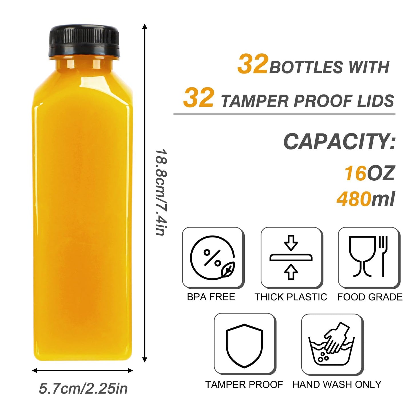 TOMNK 32pcs 16oz Plastic Juice Bottles with Lids, Juice Containers with Caps and Labels, Funnel, Brush, Beverage Containers for Juicing, Smoothies, Tea, Milk