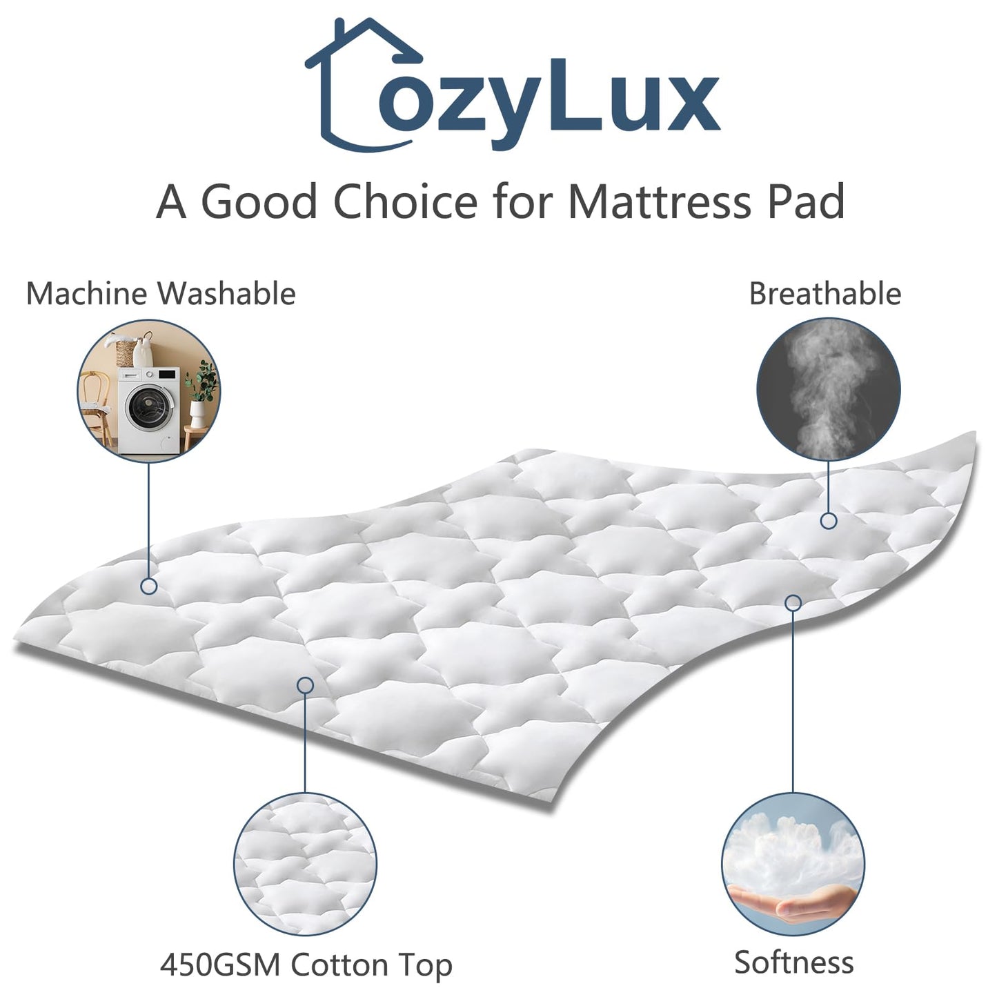 CozyLux Twin Mattress Pad, 450GSM Quilted Cooling Cotton Top Mattress Topper, Extra Deep Pocket Fits 8-21 inches, Oeko-TEX Certified, Plush Soft & Breathable Bed Pad (39"x75", White)