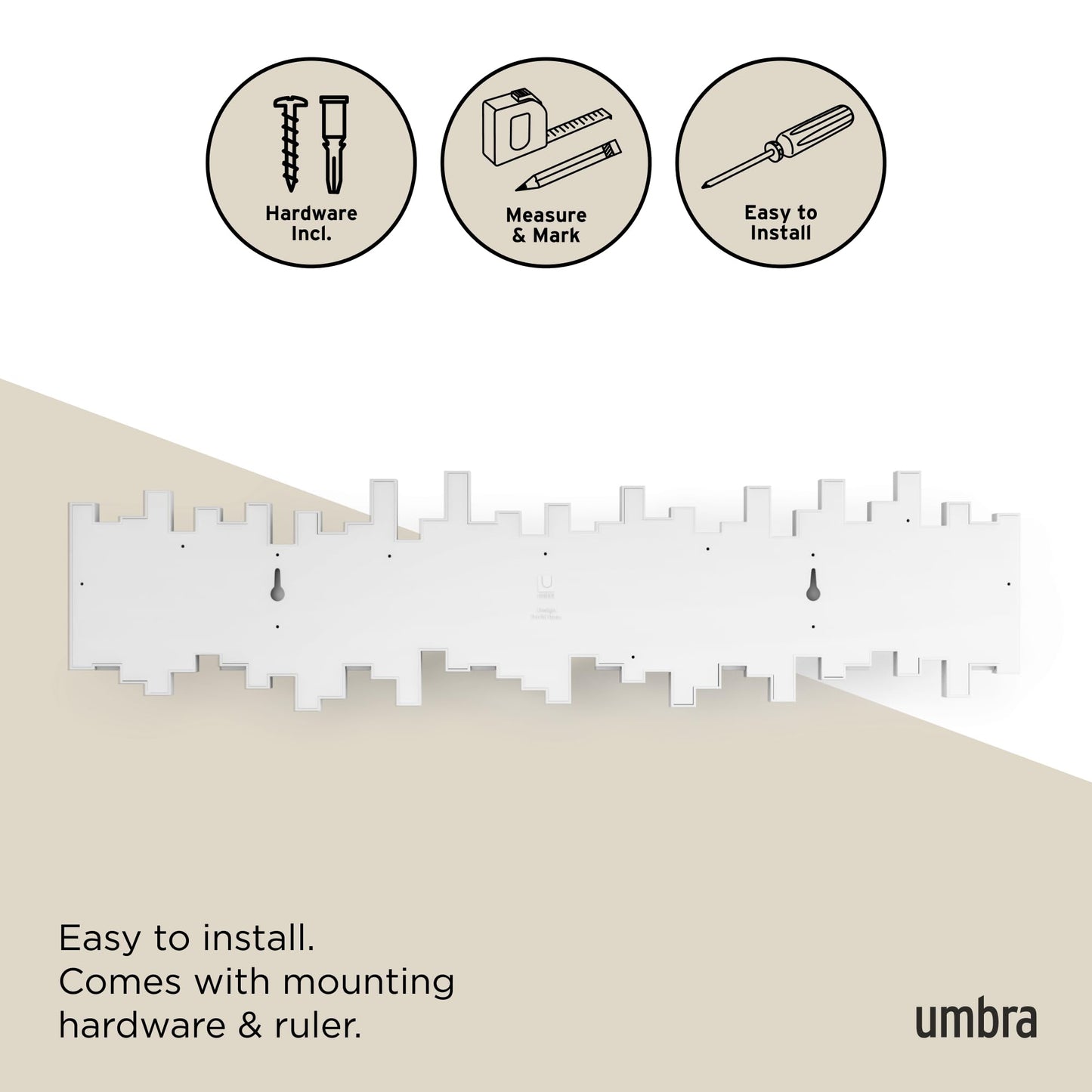 Umbra Sticks Wall-Mounted Coat Rack Rail Hook with 8 Retractable Pegs – Modern, Space-Saving Storage Organizer, White