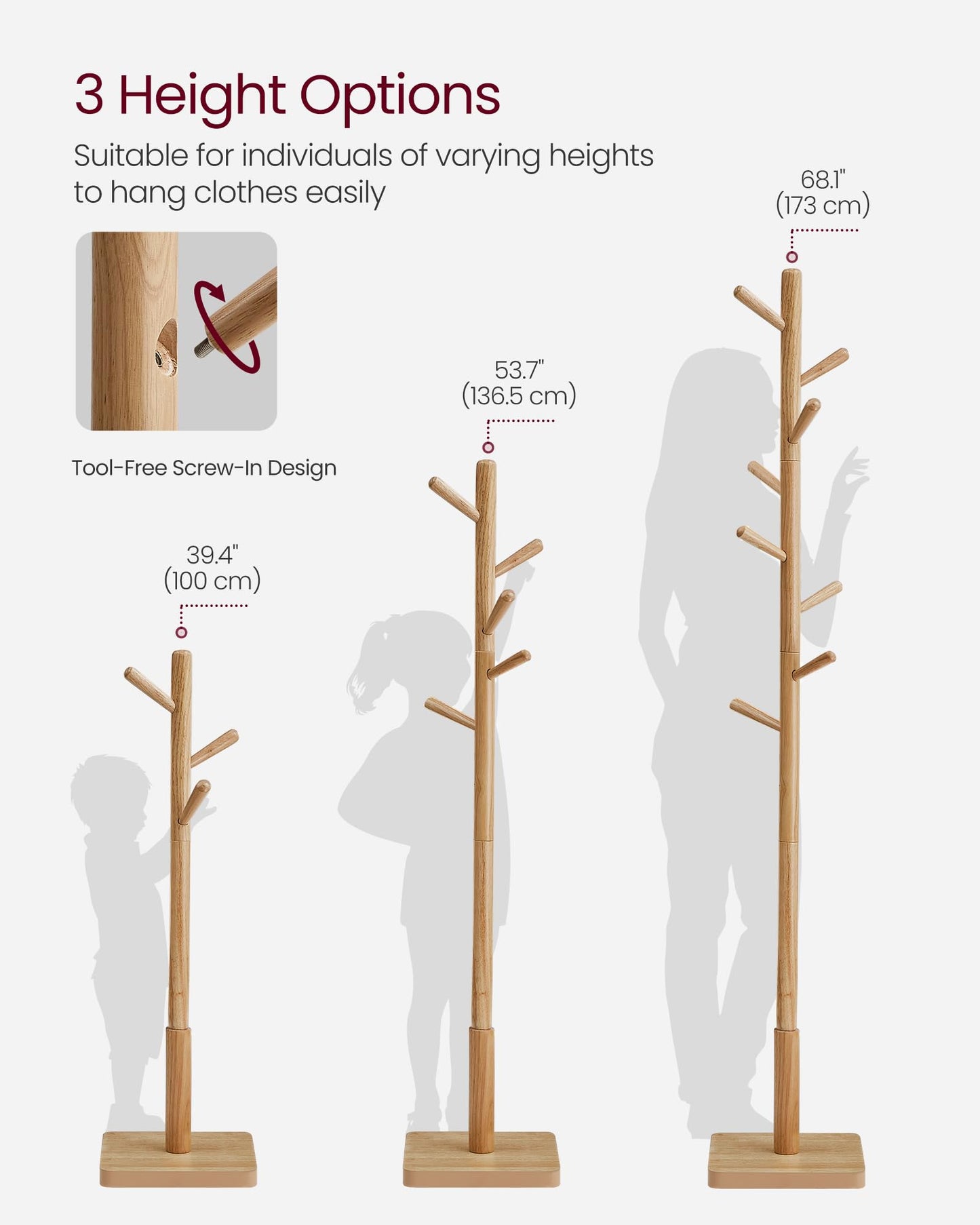 VASAGLE Solid Wood Coat Rack, Free Standing Hall Coat Tree with 8 Hooks, 3 Height Options, for Coats, Hats, Bags, Purses, for Entryway, Hallway, Rubberwood Hooks and Pole, Natural Beige URCR010N01