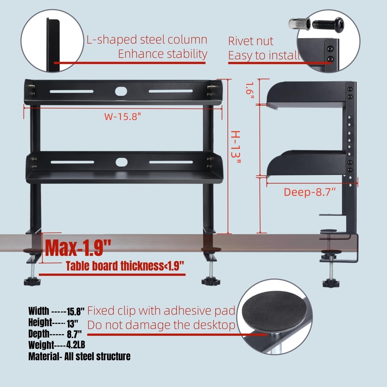 CanKing Clamp Desk Shelf 2 Layer Clip On or Under Table Organizer, Black, 16 inch