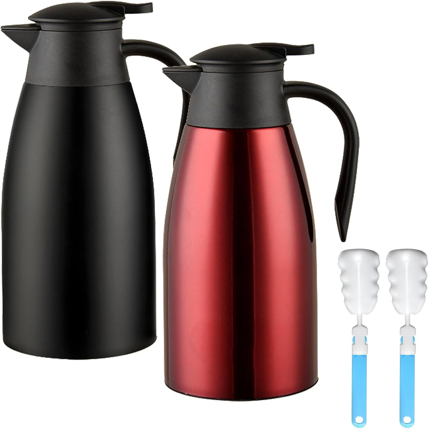 70 oz Thermal Coffee Carafe, Updated 2 PCS Insulated Stainless Steel Coffee Carafes for Keeping Hot Coffee & Water Hot Beverage-12Hours, Double Walled Vacuum Coffee Carafe(Black+Red)