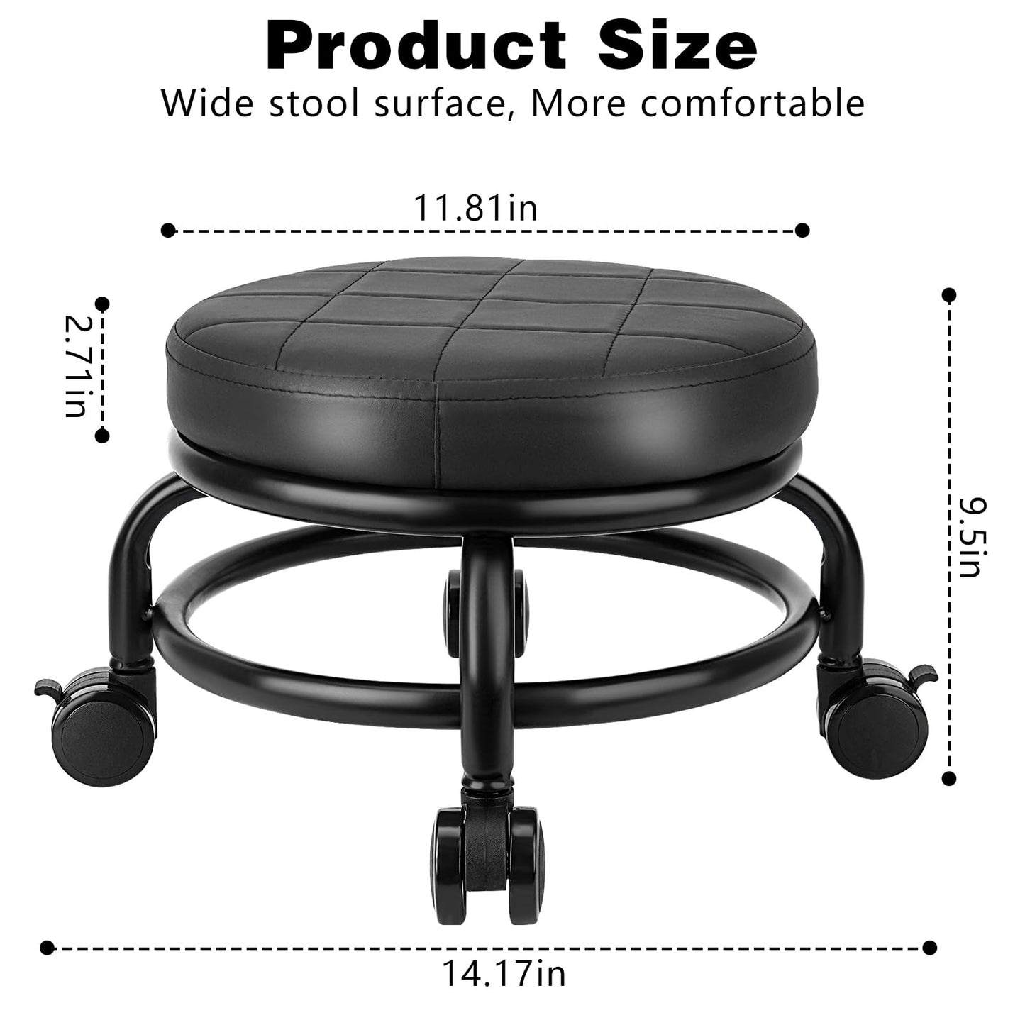 LWADALN Low Roller Stool Low Height Rolling Stool Seat PU Leather Small Chair Foot Stool Round Rolling Stools for Home Office Garage Shop (Black)