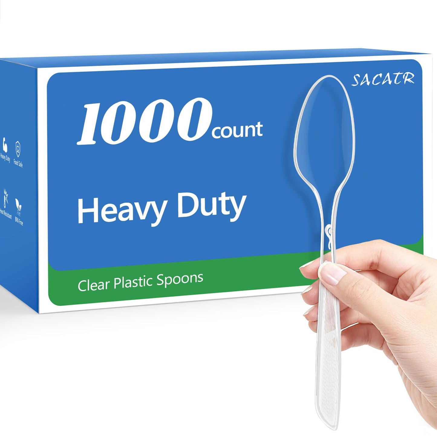 SACATR 1000 Count Heavy Duty Clear Plastic Spoons,BPA-Free,Heat Resistant Disposable Plastic Spoons Bulk, Solid Durable Premium Cutlery for Parties, Events and Everyday Use