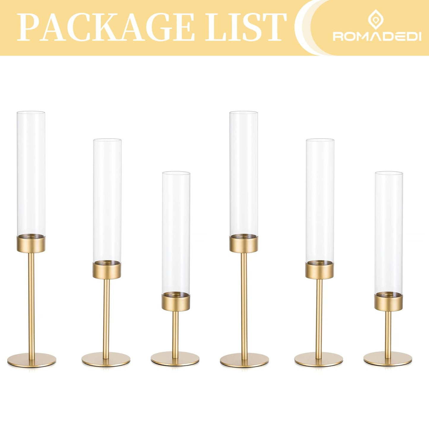 Glass Hurricane Candlestick Holders Gold - Romadedi Set of 6 Taper Candle Holder Bulk Tall Clear Glass Cylinder Table Centerpiece Wedding Decor Party Birthday Christmas Home Decorations