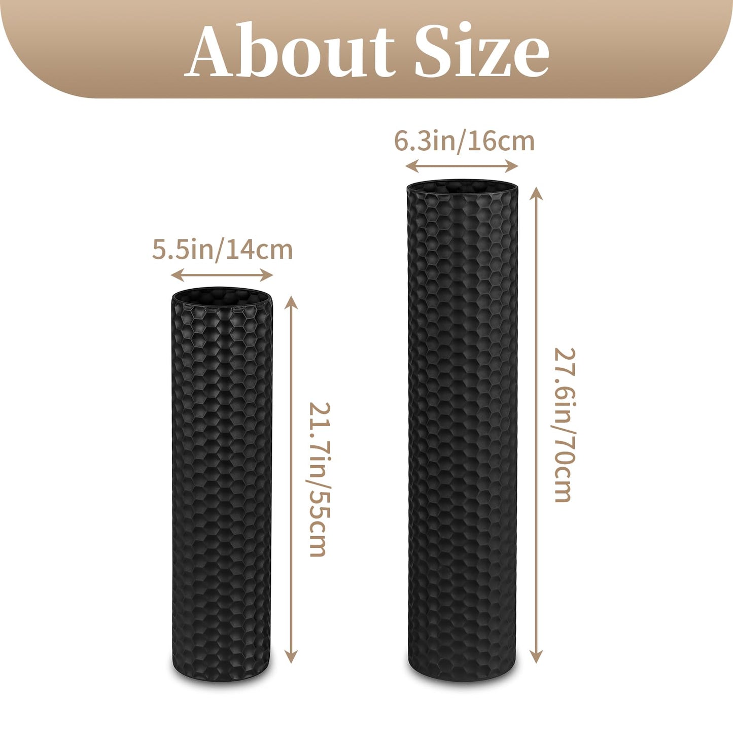 Sziqiqi Black Cylinder Tall Floor Vase: 27.6/21.7in Metal Extra Large Decorative Vase Set of 2 Living Room Modern Honeycomb Texture Big Standing Vase for Dining Bedroom Home Corner Indoor Office