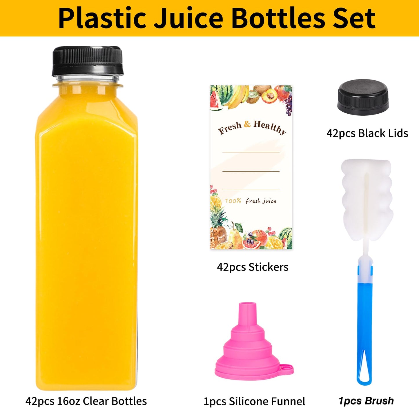 Moretoes 42pcs 16oz Plastic Juice Bottles with Caps, Reusable Juicing Bottles with Lids, Clear Containers for Smoothies and Other Beverages