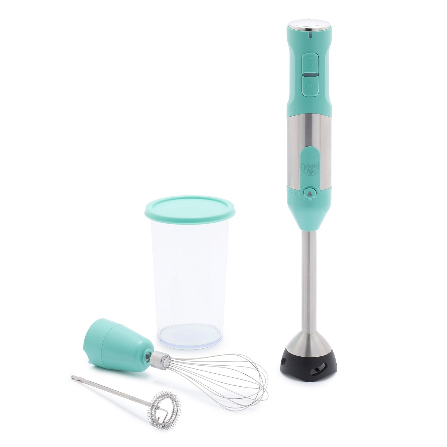 GreenLife 500-Watt Immersion Electric Handheld Stick Blender with Stainless Steel Blades, Whisk, Frother, Measuring Cup and Lid, Soups, Puree, Cake, Multi-Speed Control, Portable, Turquoise