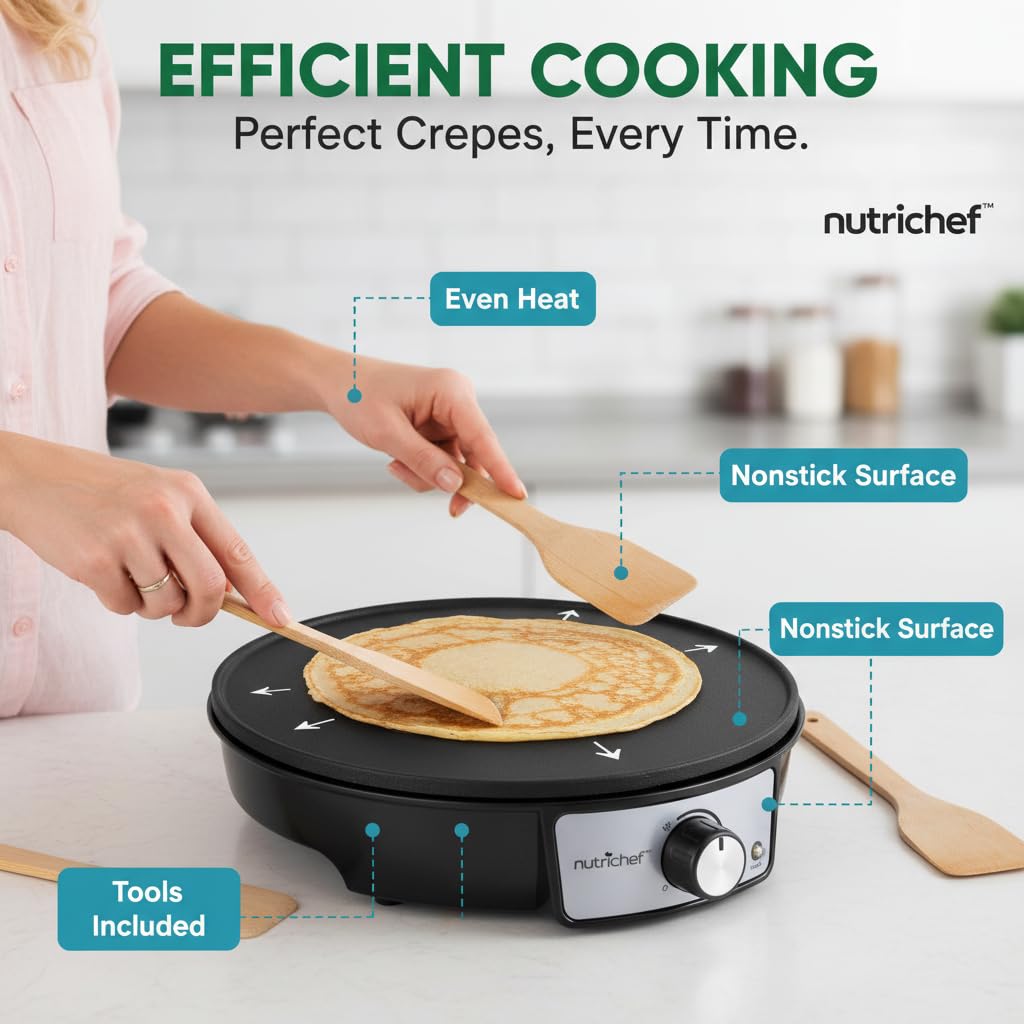 Nutrichef Electric Crepe Maker Pan & Griddle | 12 Inch Nonstick Cooktop | LED Indicators & Adjustable Temperature Control | Includes Spatula, Batter Spreader | Cooks Crepes, Roti & Pancakes
