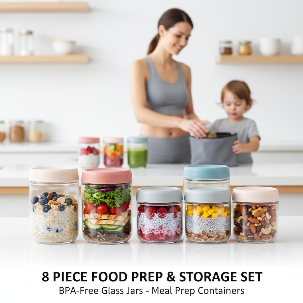 ColoVie 8 Pack Overnight Oats Containers with Lids, Chia Seed Pudding Jars, Stackable Mason Jars with Airtight Lids, Meal Prep, Wide Mouth Glass Food Storage for Snacks Yogurt Spice Sugar, 16oz 10 oz