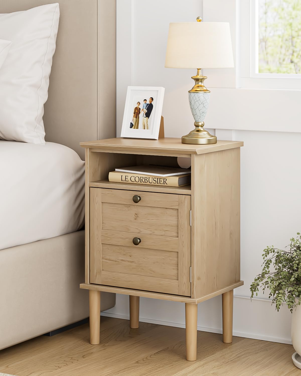 Apetaccat Nightstand, Boho Night Stand with 1 Drawer, Modern Side Accent Table with Open Shelf, Wooden Top Bedside End Table for Bedroom, Living Room, Natural