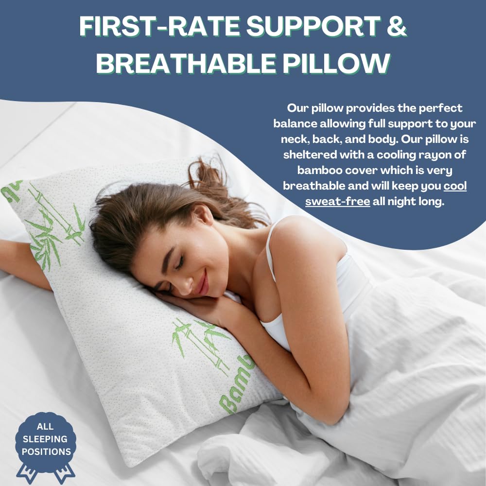 Memory Foam Bamboo Pillows King Size Set of 2 [Adjustable] for Sleeping - Cool & Breathable Cover with Zipper Rayon Derived from Bamboo Pilllowcase - Relieves Neck Pain - Back/Stomach/Side Sleeper