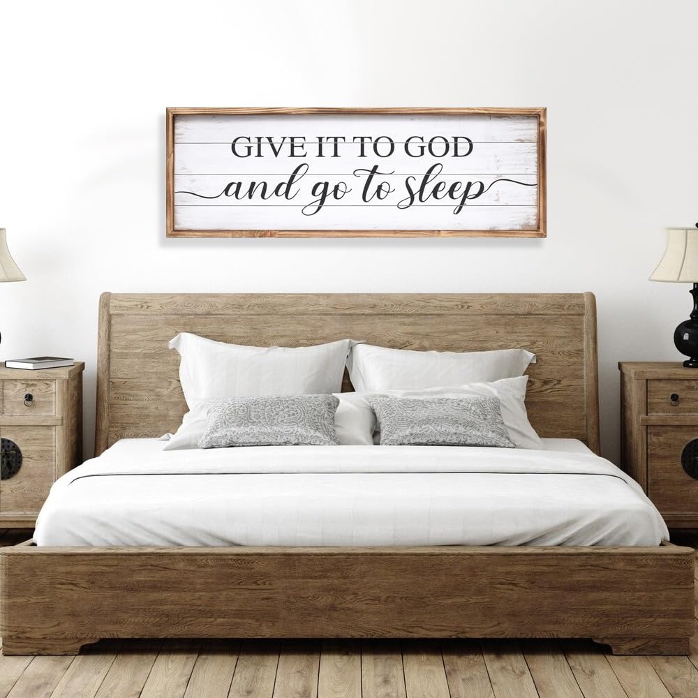 UPPER DECOR Give It to God and Go to Sleep Sign 42''×15'' Large Above Bed Wall Decor Farmhouse Bedroom Decor Wood Guest Room Decor Framed Wall Art Rustic Master Bedroom Wall Decoration