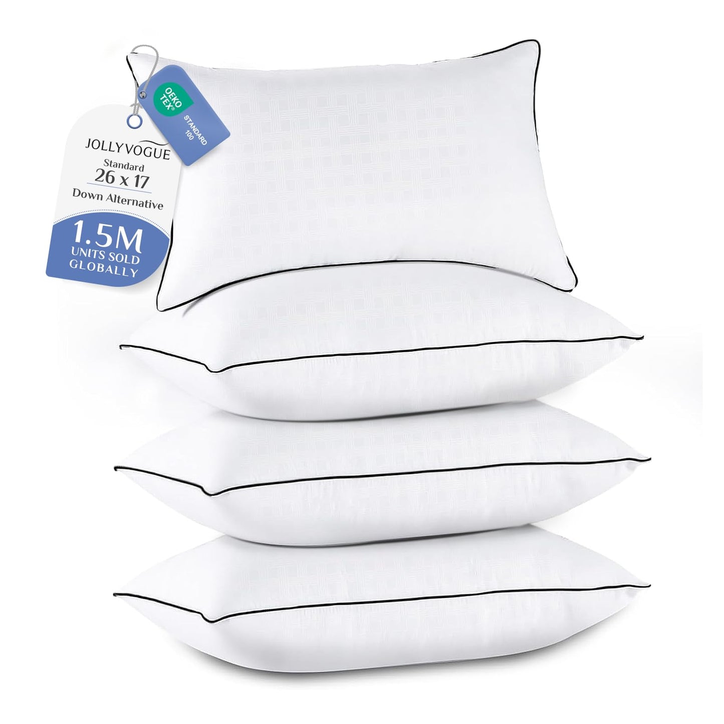 JOLLYVOGUE Pillows Standard Size Set of 4, Collection Bed Pillows for Sleeping, Hotel Quality Pillows for Side, Back and Stomach Sleepers, Soft Supportive Oeko-Tex Certified Down Alternative Filling