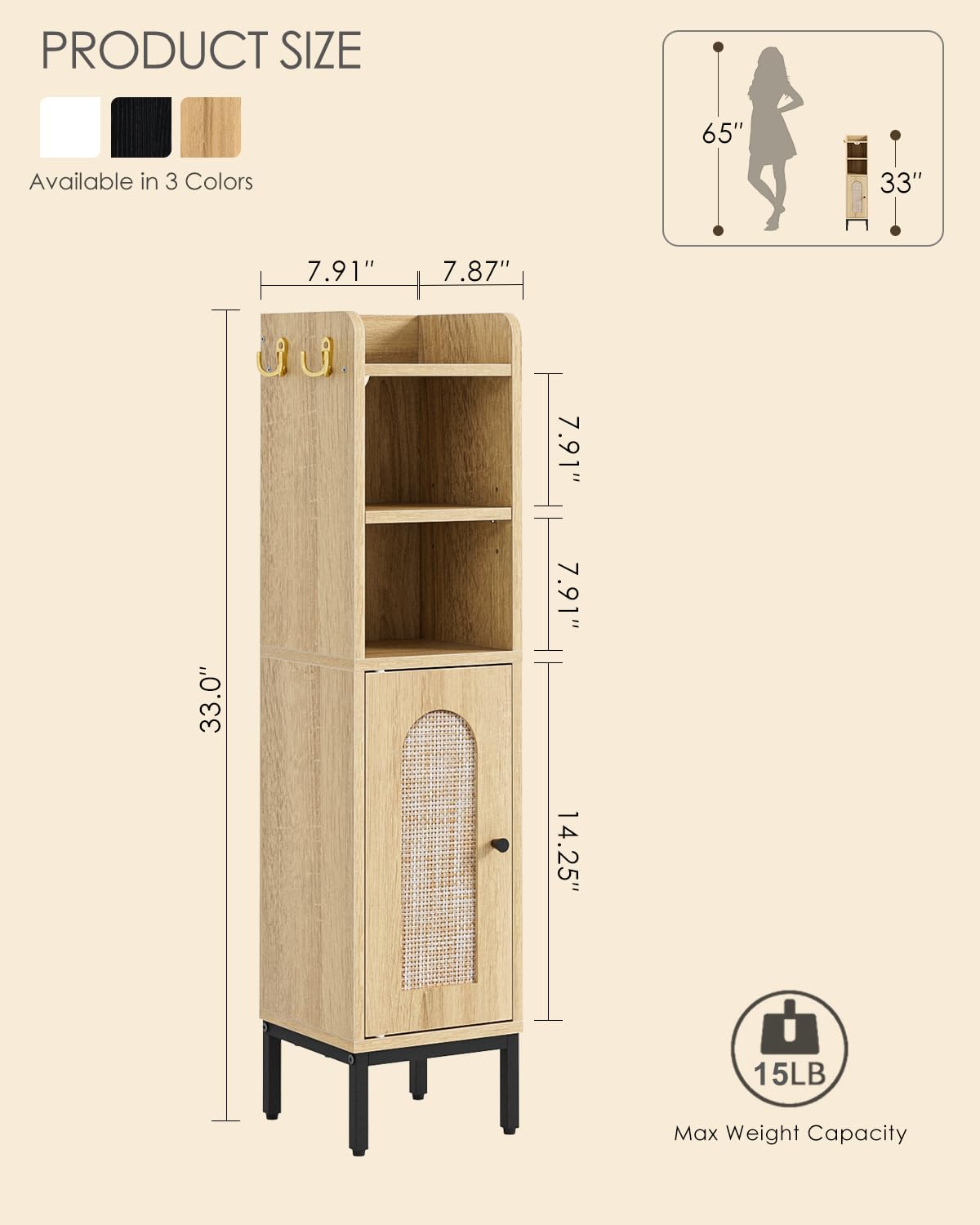 AEPOALUA Bathroom Storage Cabinet, Small Corner Floor Hutch with 2Hooks,Narrow Toilet Paper Cabinet with Rattan Door,Bathroom Organizer with Adjustable Shelf, for Small Spaces,Oak