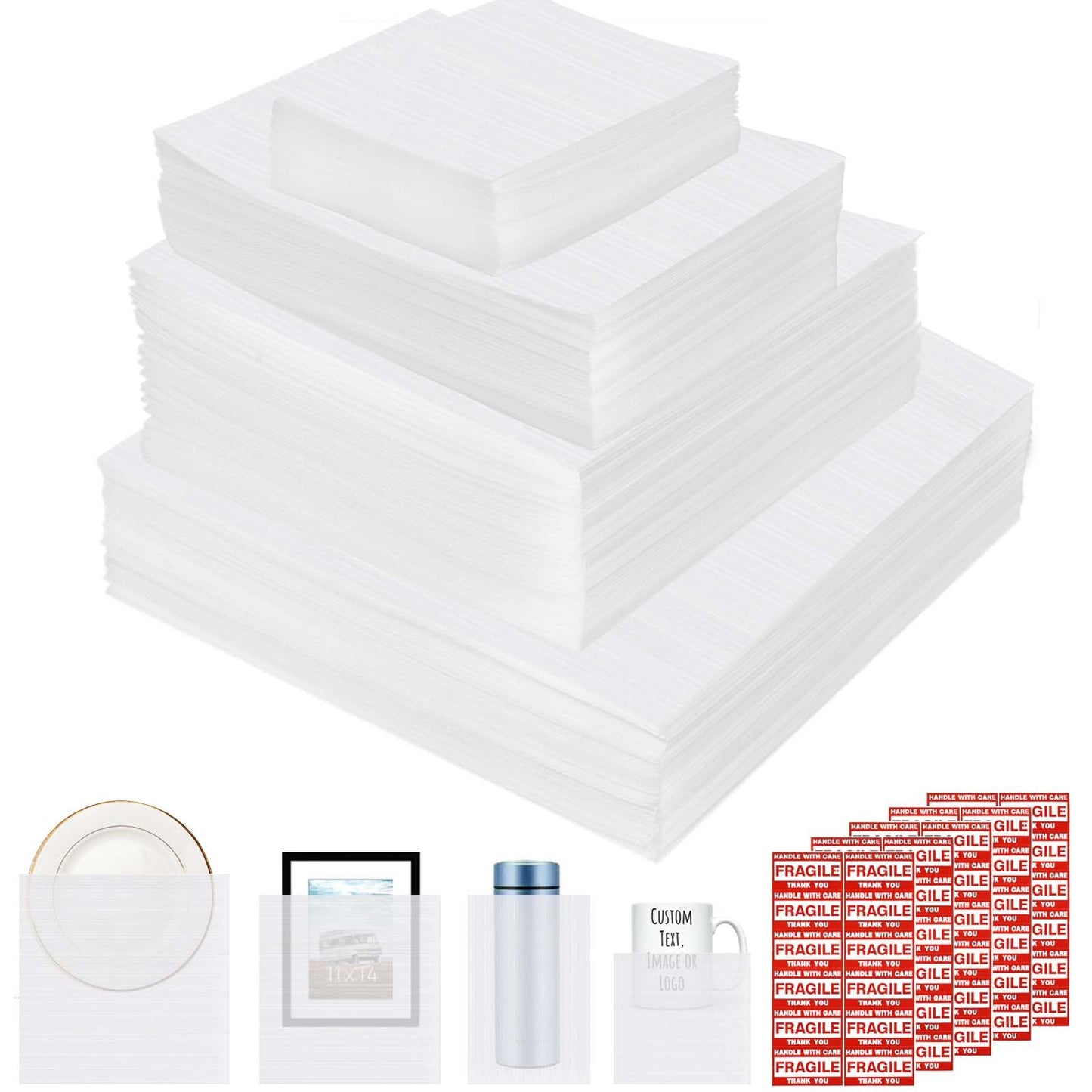 500pcs Cushioning Foam Pouches Moving Supplies, 4 Sizes (12x12inch,12x12inch sheets,12x7.5inch,7.5x7.5inch) Use Packing Supplies for Moving, Packaging, Storage Incidental 300 Fragile Stickers, clear