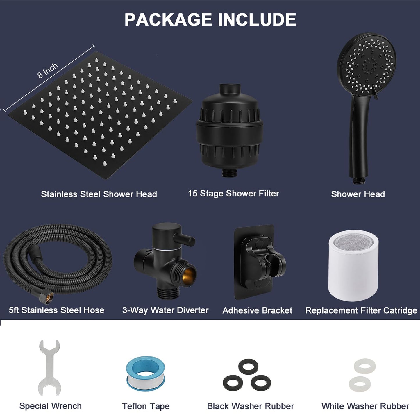 NearMoon Filtered Rain Shower Head, High Pressure 8″Square, and 5 settings Handheld Shower Filter Combo with Self-adhesive Holder/1.5M Hose -1 Replaceable Filter Cartridge (Matte Black)