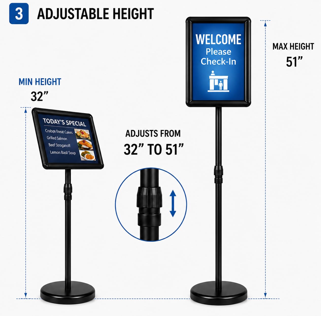 BNUM Adjustable Poster Stand 8.5 x 11 Sign Holder with Weighted Base Floor Standing Display Stand for Menus, Flyers, Check-In Signs, Weddings, Restaurants, Stores & Offices (Round Corner)