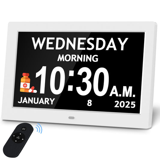 10.1'' Digital Clock, 1280*800p HD Extra Large Display, Dementia Clock For Seniors, 10 Reminders & 6 Alarms, Auto Dimming & DST, Remote Control, Digital Clock With Date, Time, Day Of Week, White