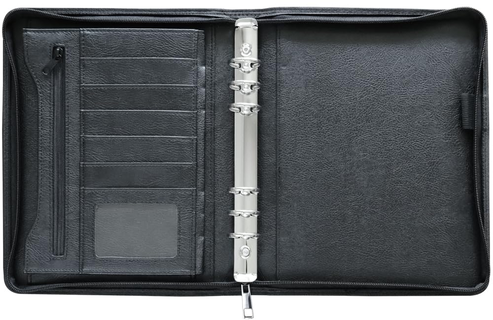 Fan&Ran Zipper Planner Organizer, Undated Starter Set Simulated Leather Cover, 6-Ring Binder, A5, Black