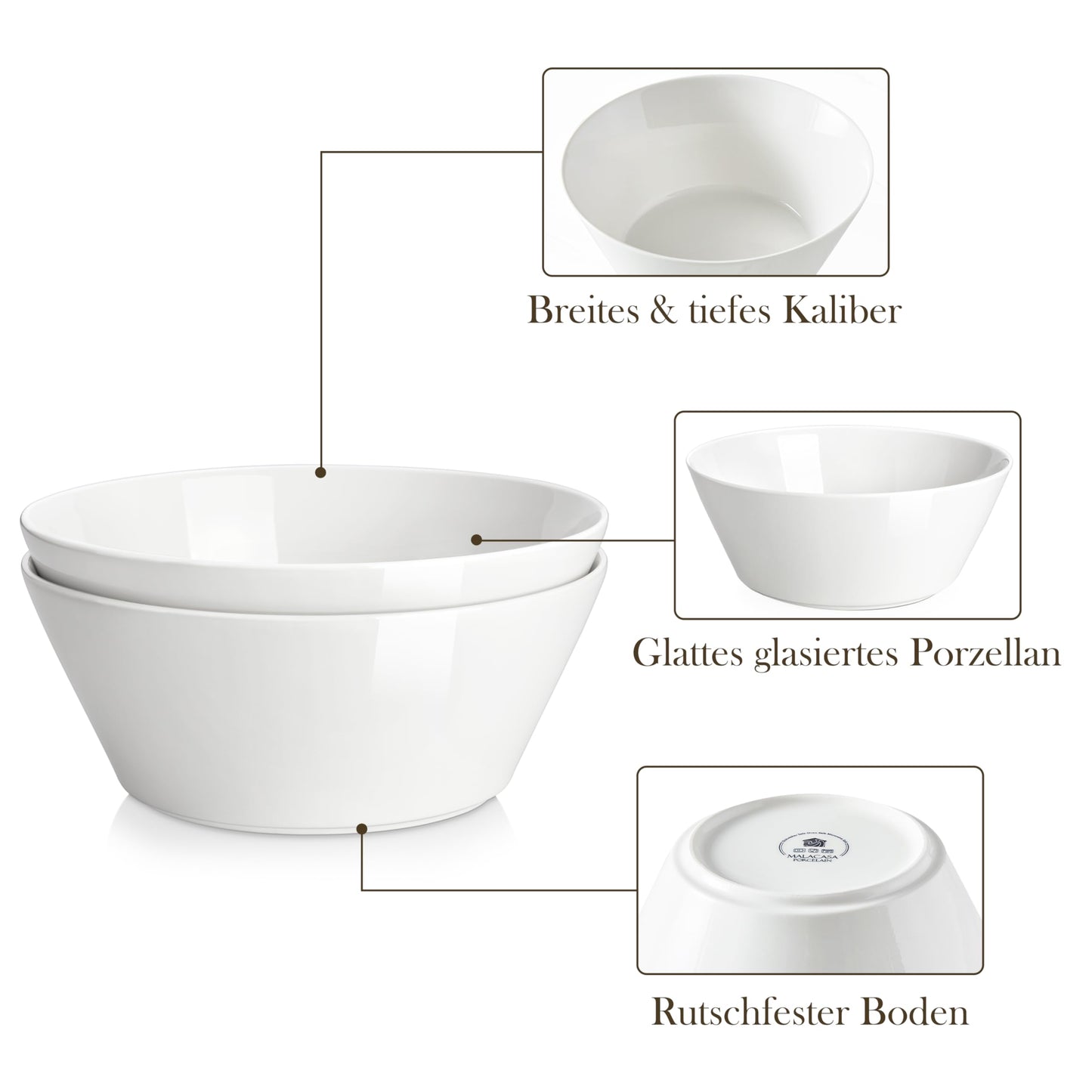 MALACASA Serving Bowls, 105 OZ Large Salad Bowls Set of 2, Porcelain White Bowls for Kitchen, Large Bowl for Salad, Soup, Pho and Fruit, Ceramic Serving Bowls for Party, Microwave Safe, Series Regular