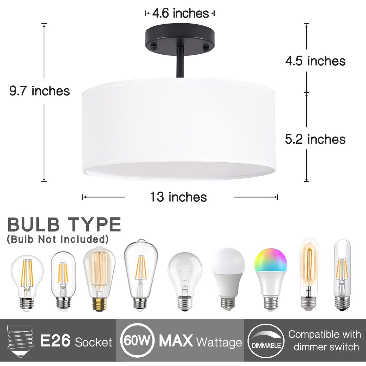 Bargeni Semi Flush Mount Ceiling Light,13 inch Modern 3-Light Ceiling Light Fixture,Black Semi Flush Mount Light Fixture,Flush Mount Lighting for Bedroom,Dinning Room and Hallway
