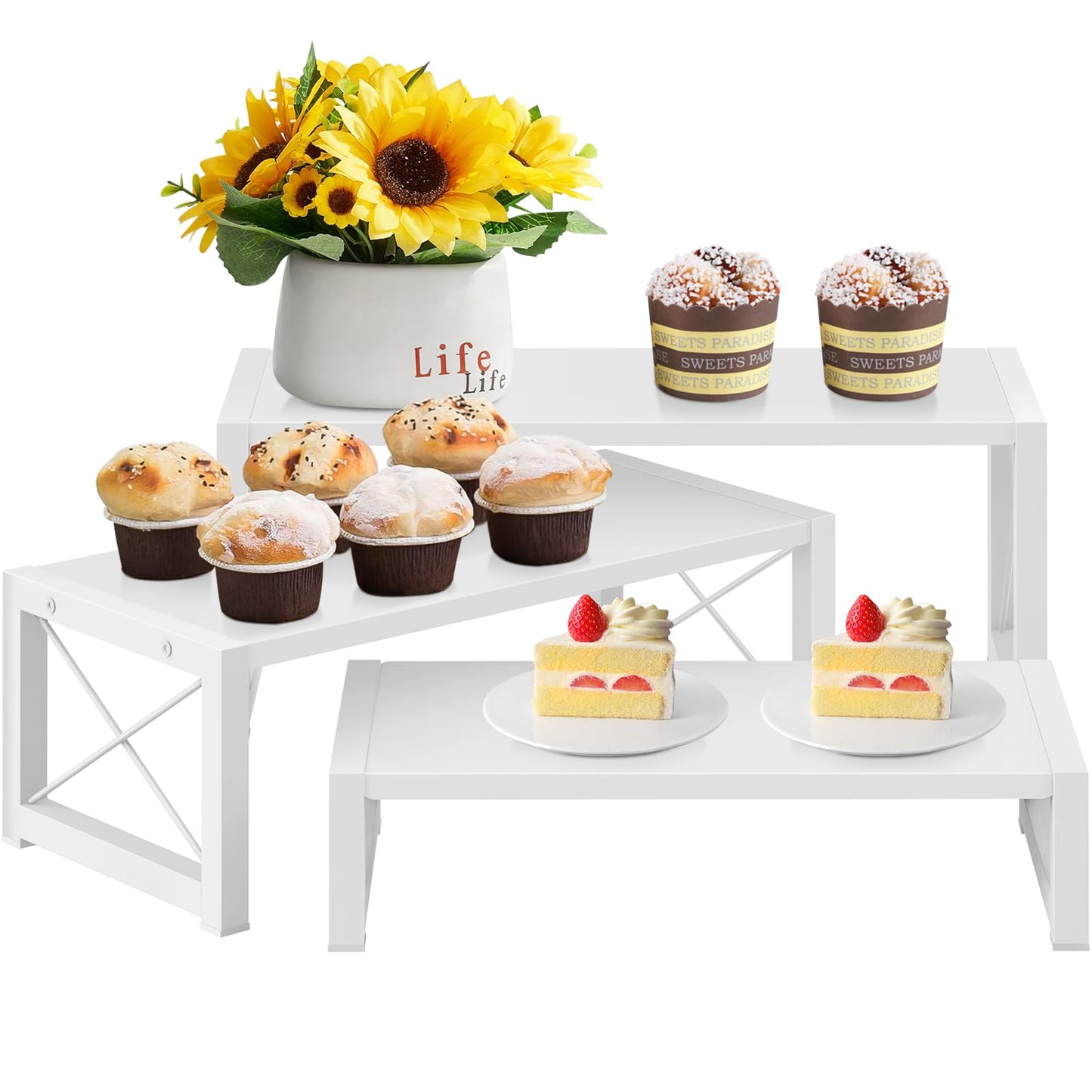 ELITEROO White 3-Tier Cupcake Stand & Wooden Display Riser, Dessert Stand for Cupcakes, Food, Perfume, Makeup, Dolls, Collectibles, Multi-Tiered Shelf Organizer for Market Vendors & Retail Display