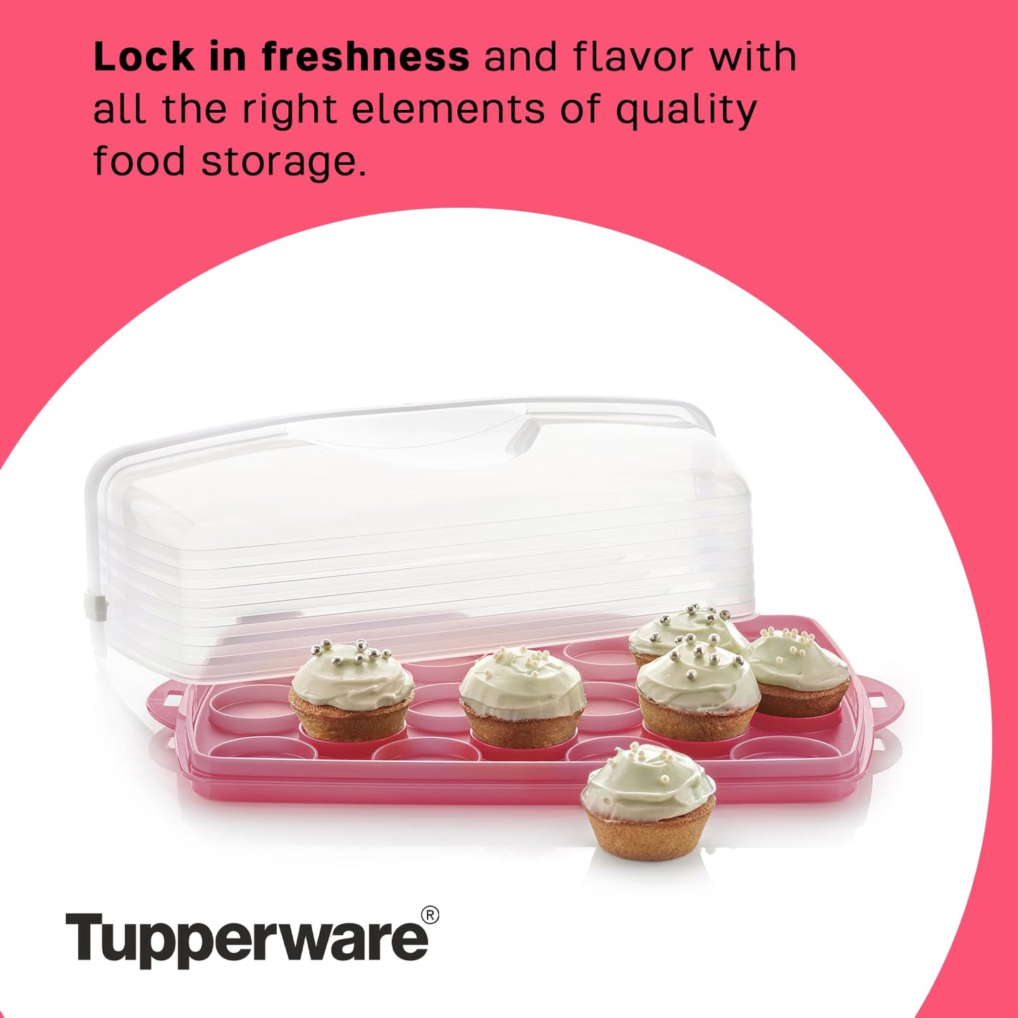 Tupperware, Rectangular Cake and Cupcake Carrier in Pink, Holds 18 Cupcakes
