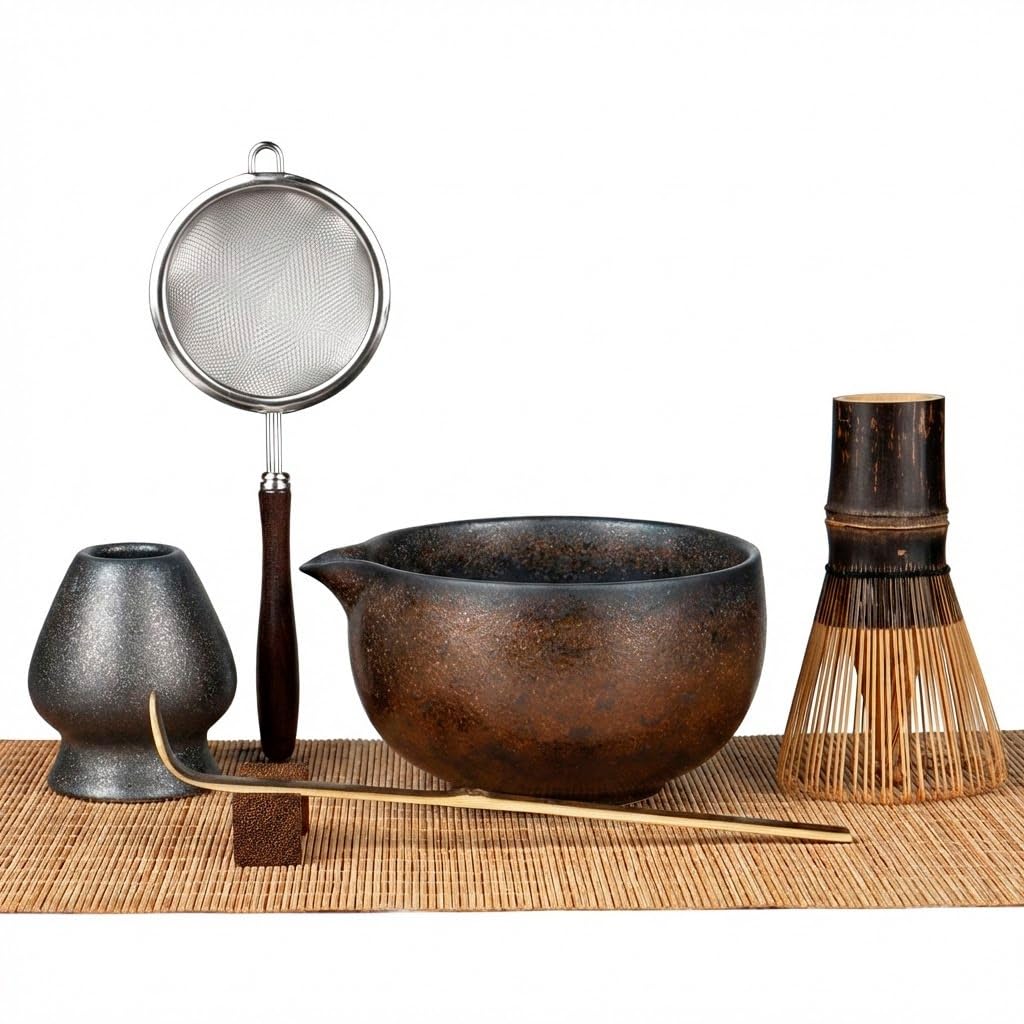 GleeNflux Matcha Whisk Set 7-Piece with Handmade Matcha Bowl & 100-Prong Purple Bamboo Whisk (Chasen), Complete Matcha Kit with Holder, Scoop & Rest, Bamboo Tea Mat, Gift-Ready Matcha Set