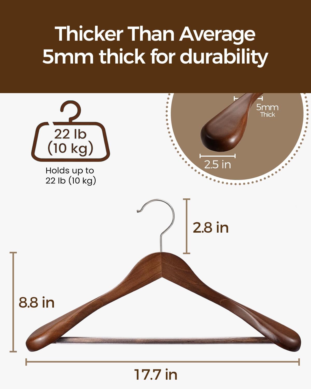 Verahaus Premium Wooden Hangers 6-Pack – Wide Shoulder Non-Slip Design for Coats, Jackets & Suits | 360° Rotating Closet Organizers | Durable & Space-Saving (Vintage Wood)