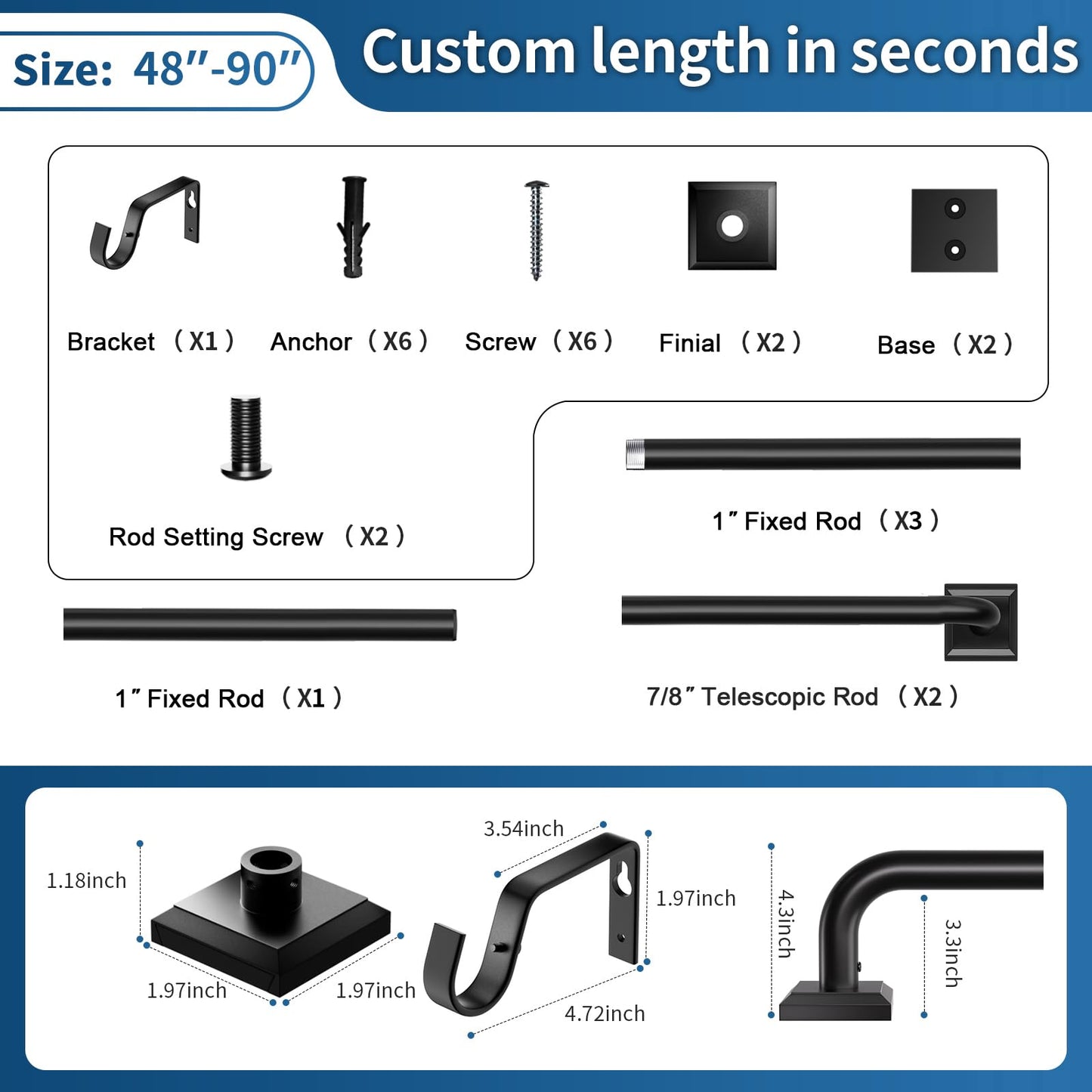 Black Curtain Rods for Windows 48-90Inch(4-7.5ft) Heavy Duty Wrap Around Blackout Curtain Rods,Adjustable Room Darkening Drapery Rod for Bedroom, Living Room, Sliding Door & Outdoor Patio