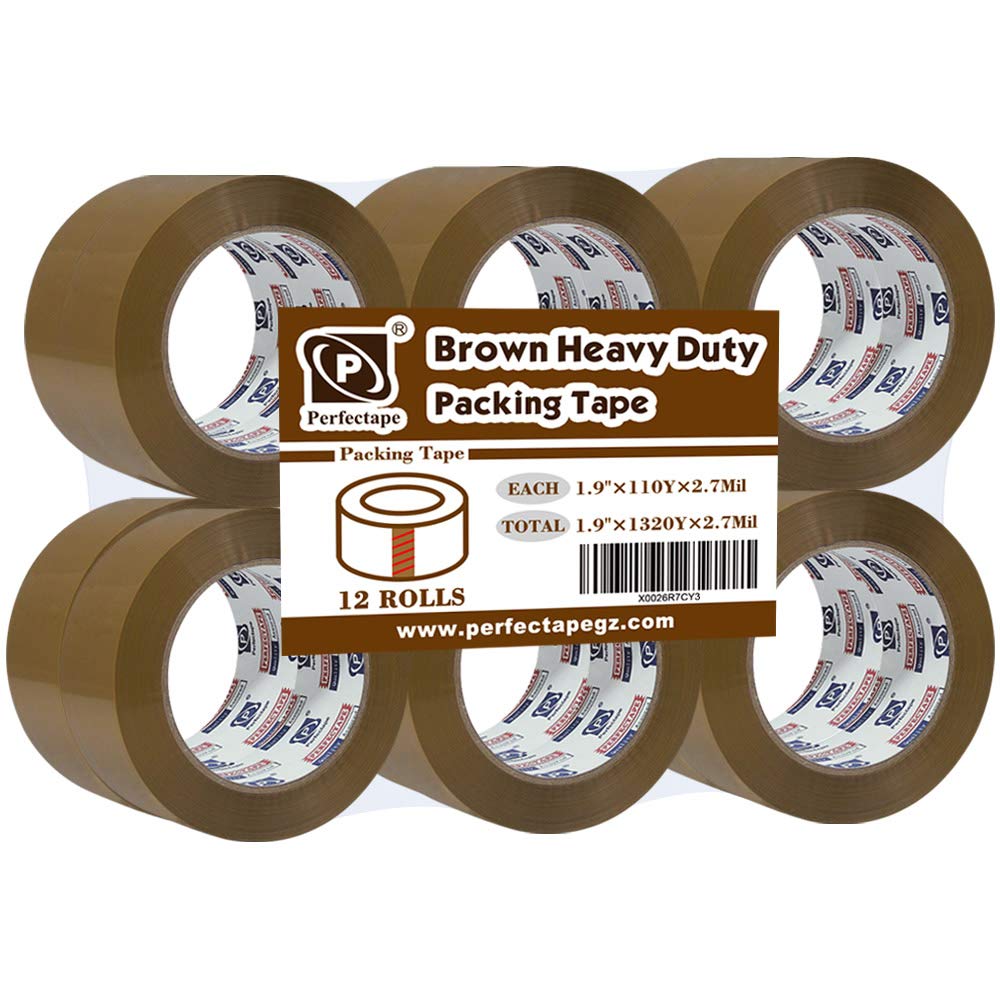 PERFECTAPE Heavy Duty Brown Packing Tape 12 Rolls, Total 1200M, 2.7 mil, 1.88 inch x 100 Meters, Ultra Strong, Refill for Packaging and Shipping
