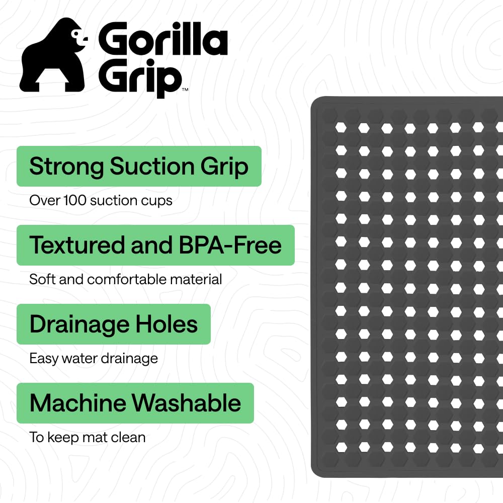 GORILLA GRIP Patented Bath Tub Shower Mat, Machine Washable Bathtub Floor Liner Mats, Suction Cups and Drain Holes to Keep Tubs Clean, Soft on Feet, Bathroom Essentials, 35x16 Inch, Beige