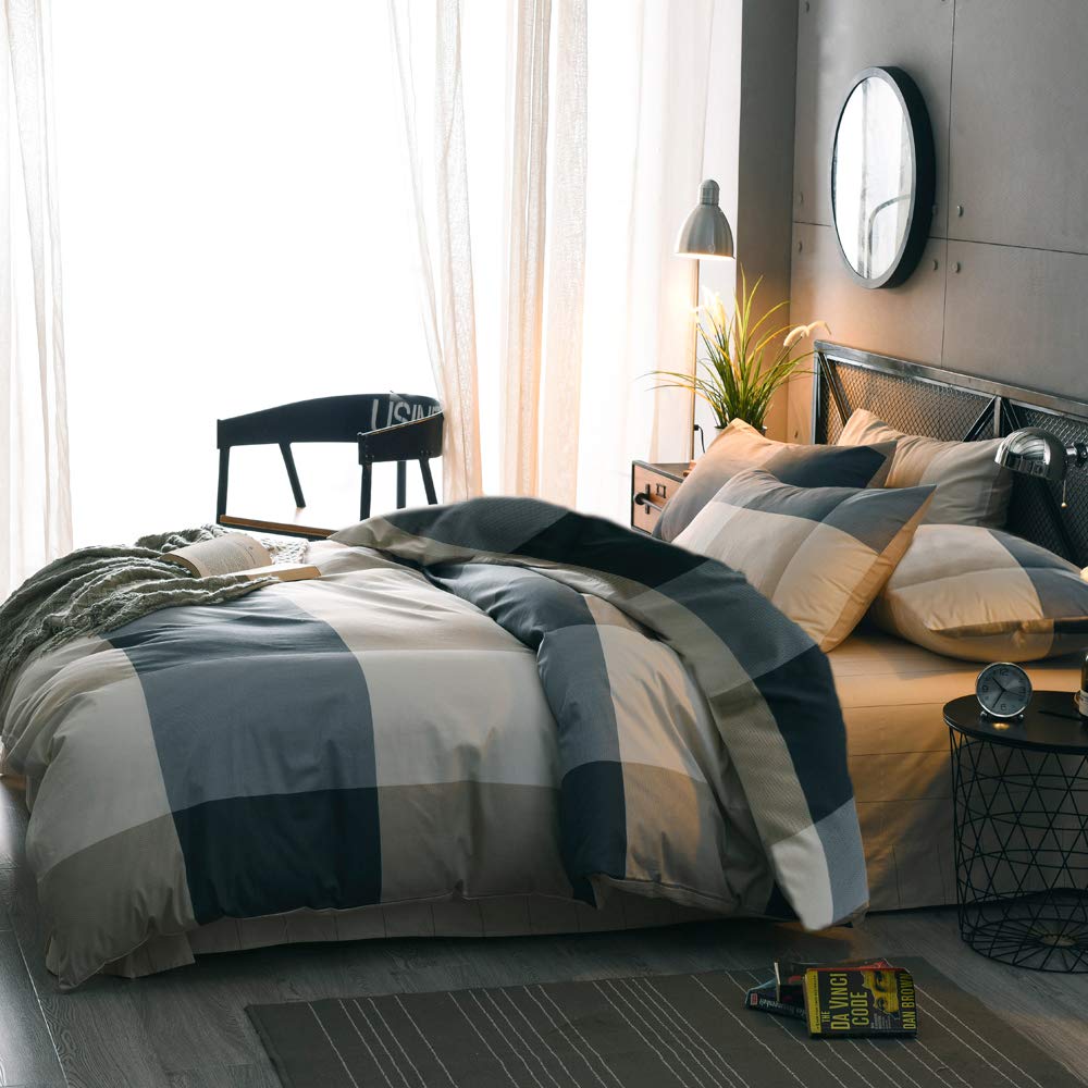 mixinni Twin XL Comforter Set Men Boys Geometric Checkered Plaid Printed Bedding Comforter for All Season Soft Lightweight Bedding Set-Twin XL Size