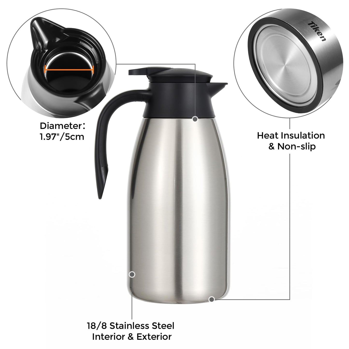 Tiken 85 Oz Thermal Coffee Carafe, Stainless Steel Insulated Vacuum Coffee Carafes For Keeping Hot, 2.5 Liter Beverage Dispenser (Silver)