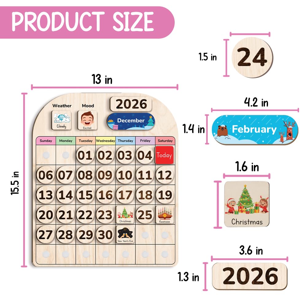 TinyKidz Wooden Calendar for Kids, Preschool Toddler Calendar Learning at Home and Classroom Teaching, Hanging Calendars for Kids, Months and Days of The Year