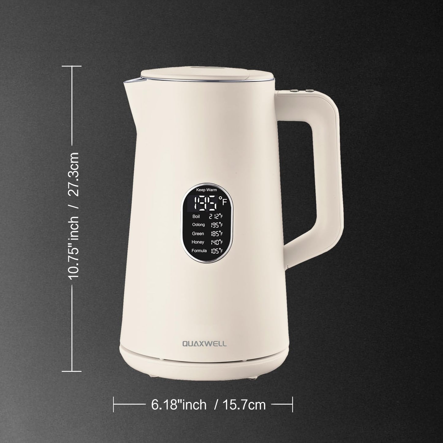 QUAXWELL 1.5L Electric Kettle Stainless Steel, Double Wall Cool Touch Teapot, Fast Boil,5 Temperature Control, LED Display, Auto Shut-Off,Keep Warm Function,Cream White