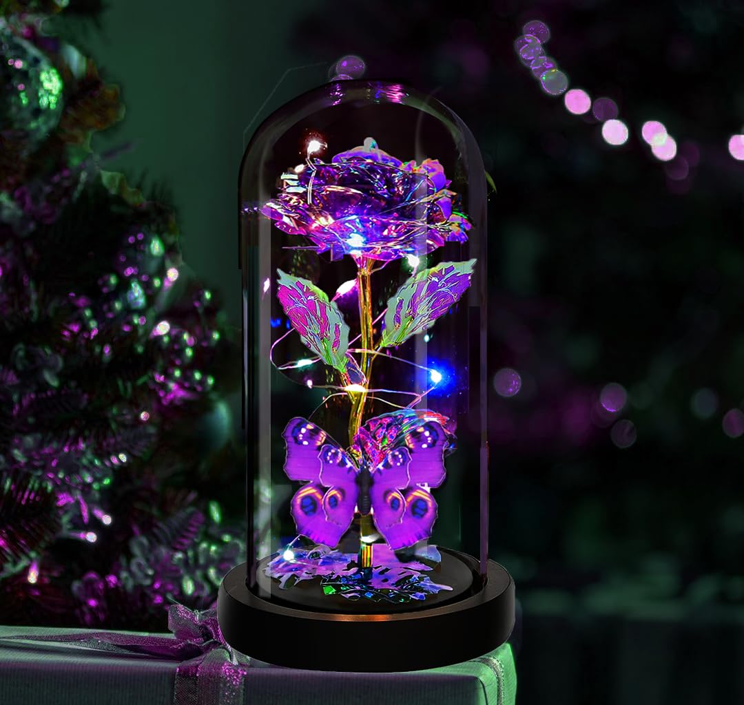 Rose Glass Flowers Gifts, Galaxy Crystal Light Up Rose Flower in A Glass Dome, Birthday Gifts for Women Mom Sister Wife Her Girlfriend Grandma Mothers Valentines Day Roses Presents, Purple Butterfly