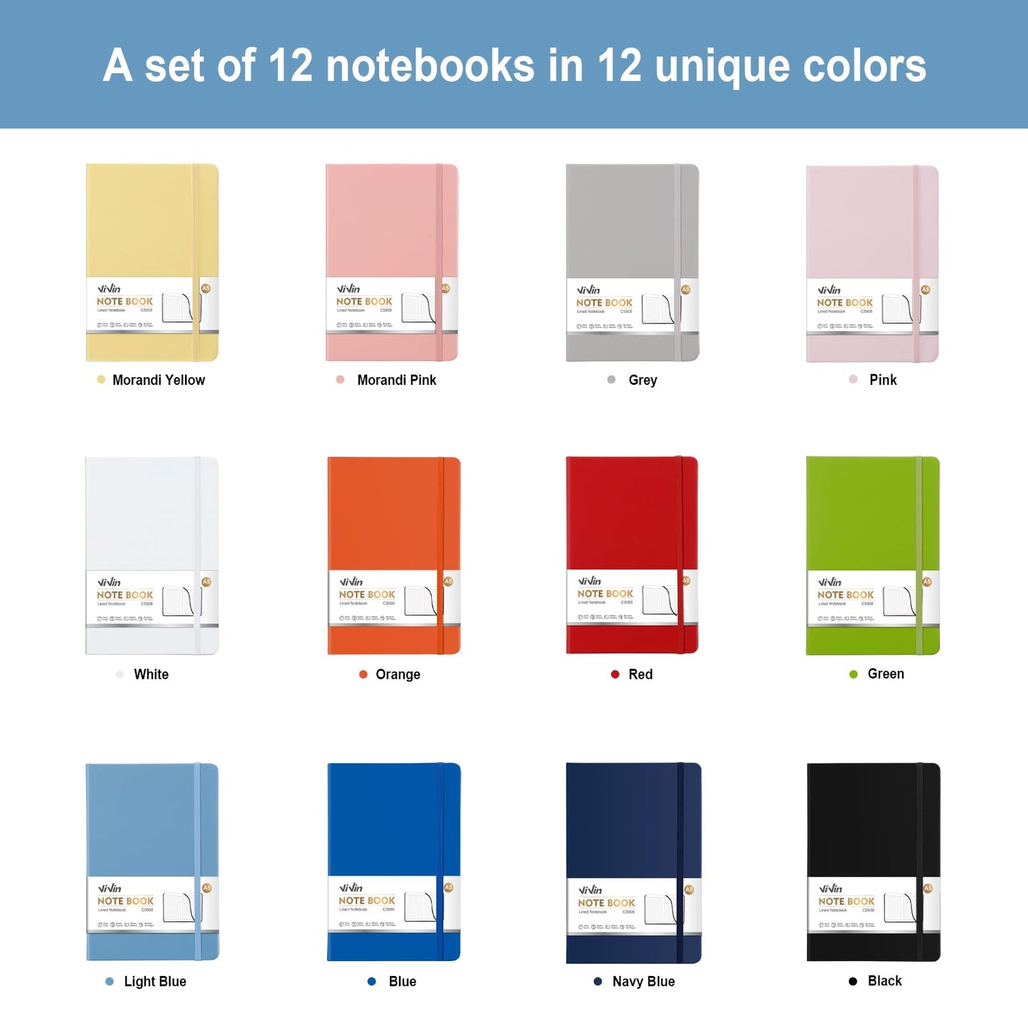 ViVin Lined Journal Notebooks for Work,192 Pages,5.5 x 8.3 inch,College Ruled,A5 Hardcover Journaling Notebooks for Writing,12 Pack Bulk